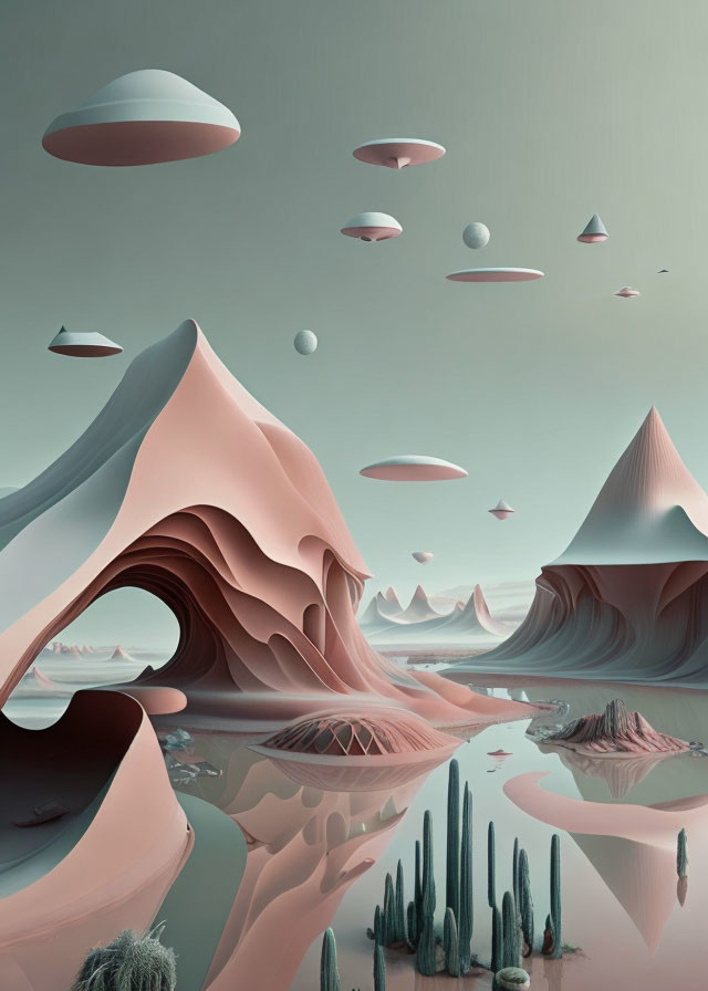 Pastel surreal landscape: flowing mountains, reflective water, cacti, floating disks.