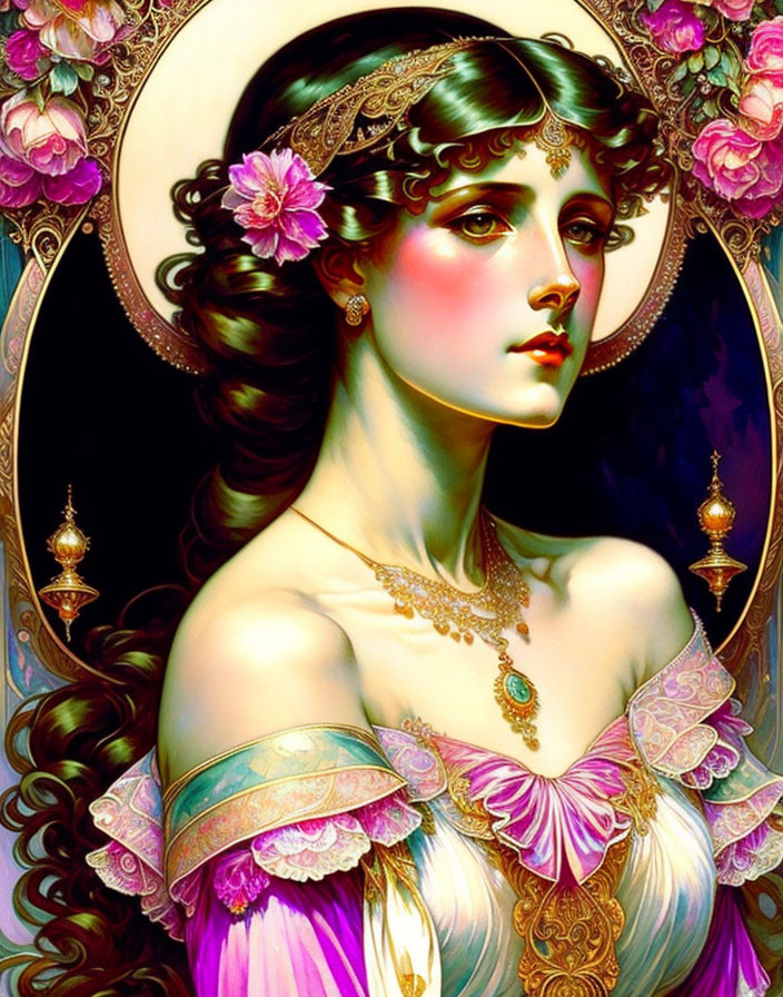 Detailed illustration of woman with flowing hair, pink flowers, gold jewelry, roses, and ornate patterns