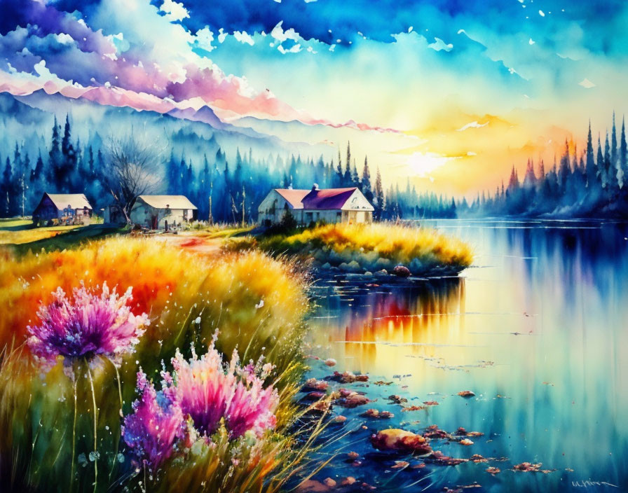 Tranquil lakeside watercolor painting with cottages, lush foliage, and sunset sky