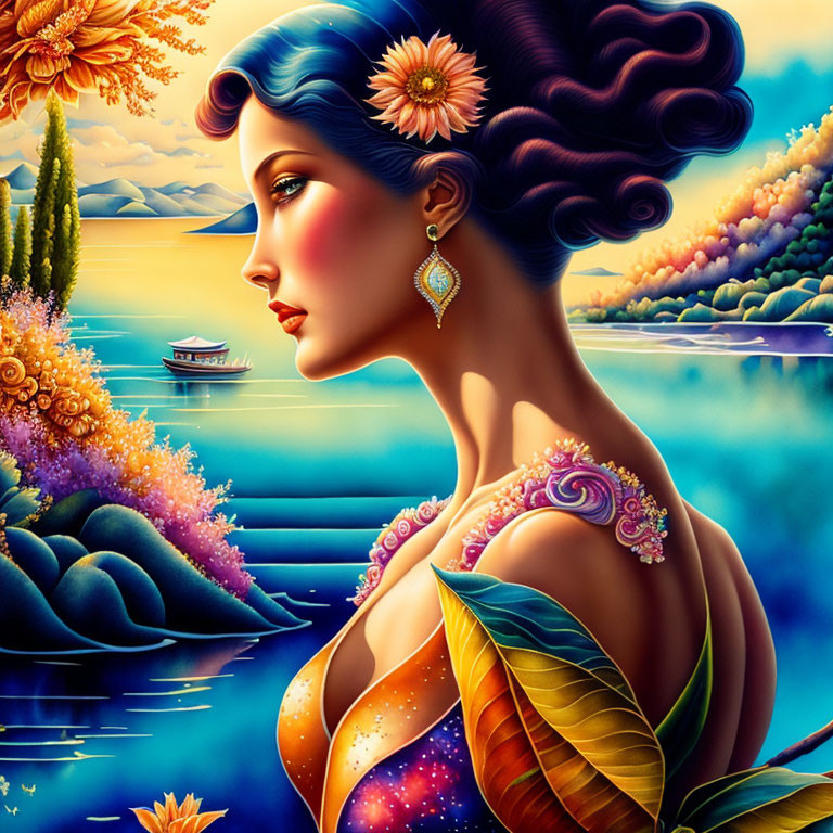 Colorful Woman with Floral Adornments in Nature Scene