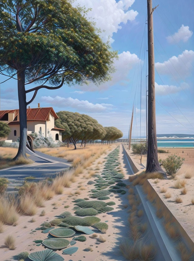 Tranquil coastal landscape with road, dunes, greenery, pole, ocean views