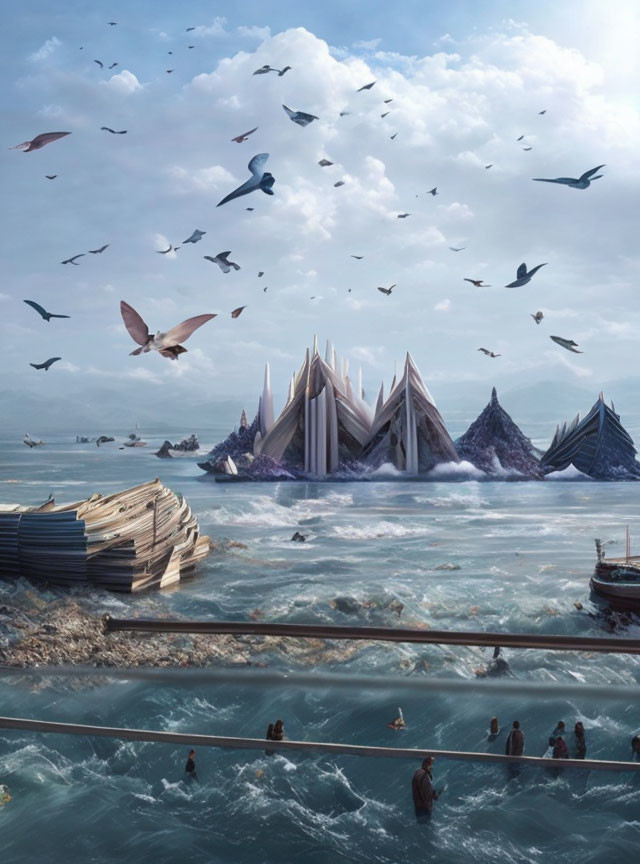 Fantastical seascape with spire-like structures, birds, people on bridge, boats & cloudy