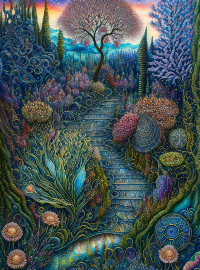 Detailed Psychedelic Painting of Surreal Colorful Forest