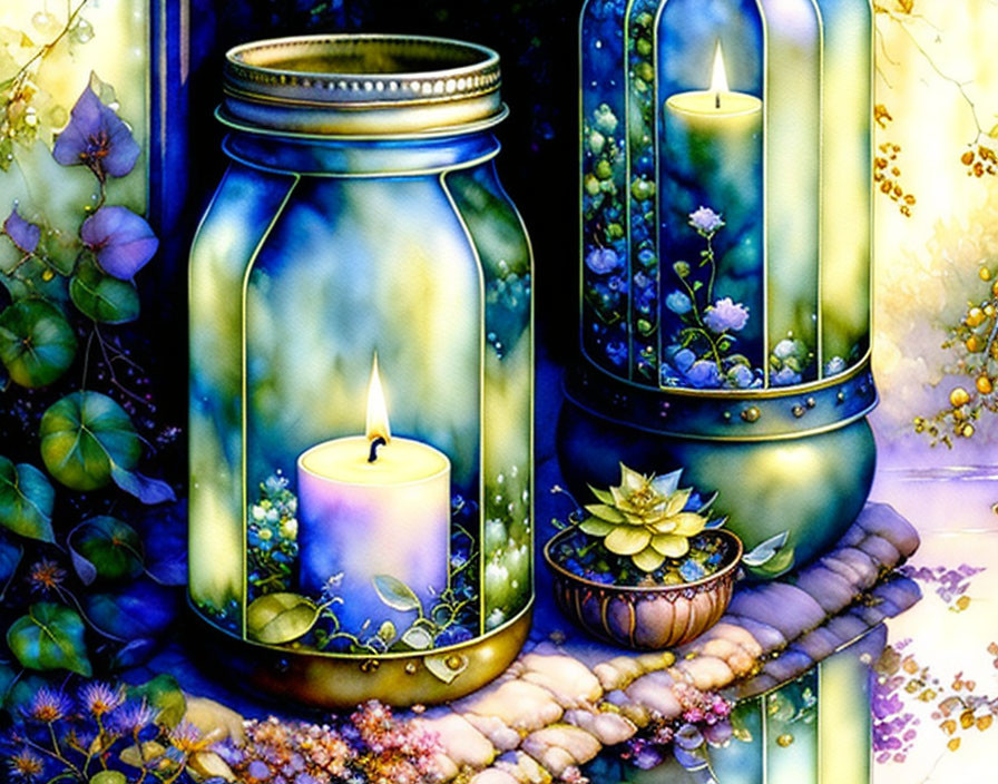 Colorful Illustration of Glowing Candle in Glass Jar with Flora and Lotus Bowl