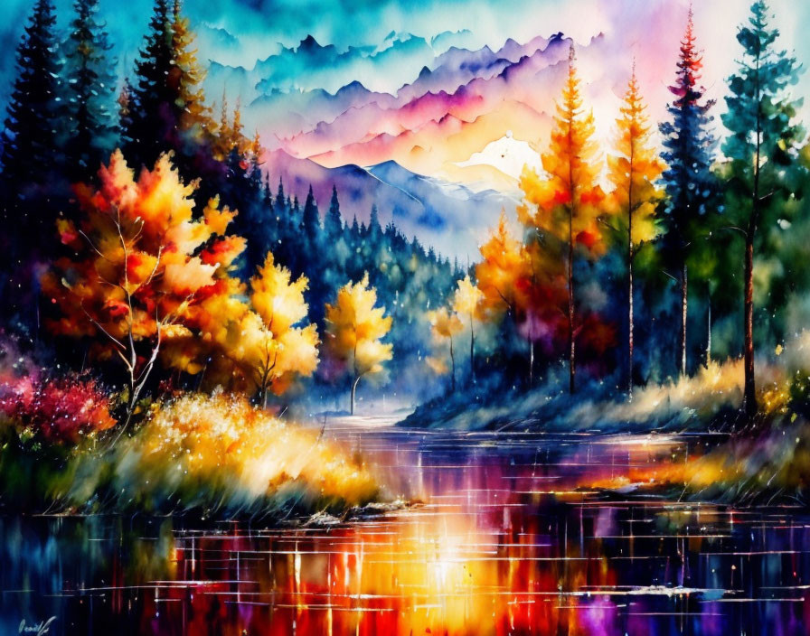 Serene landscape watercolor painting with autumn trees and mountain range