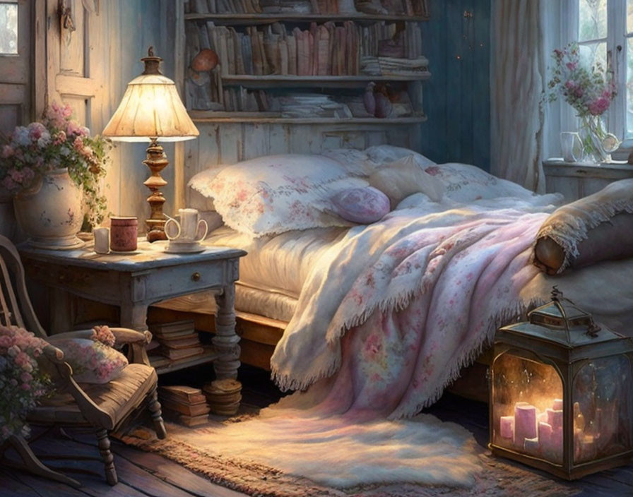 Rustic bedroom with plush bed, book-filled shelf, lit lamp, flowers, and candles