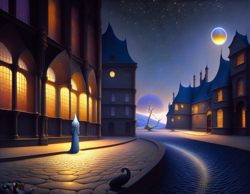Cloaked figure at twilight in front of whimsical castle with glowing windows