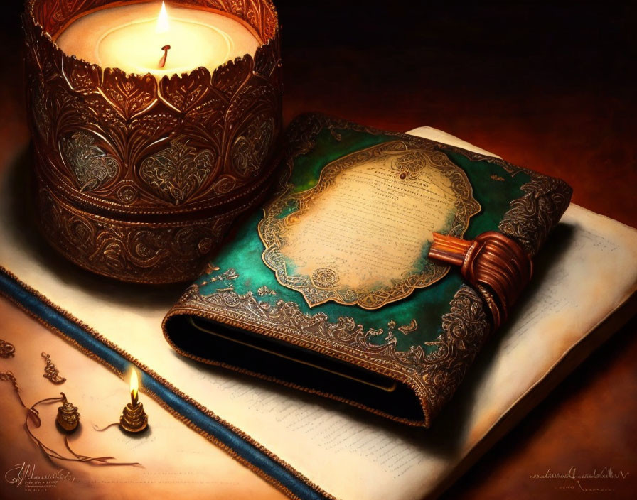 Ornate open book with quill pen and candle on wooden surface