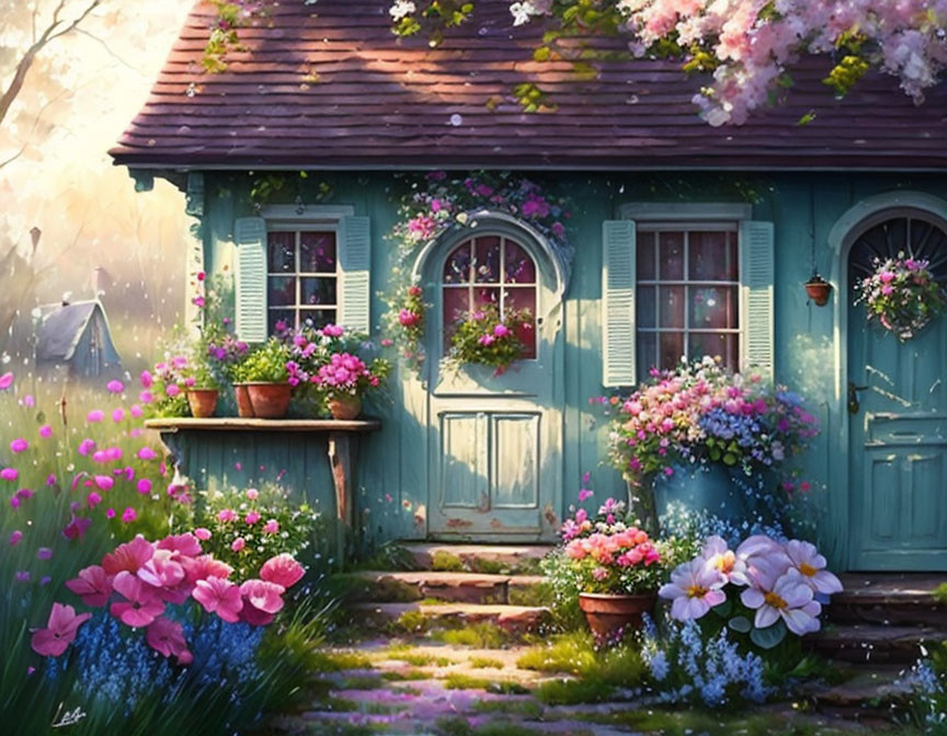 Blue Cottage with Blooming Flowers and Green Shutters in Enchanting Garden