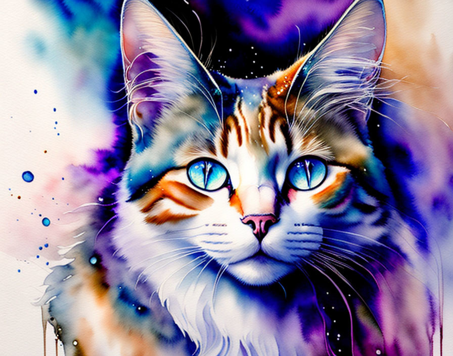 Colorful Watercolor Painting of Cat with Blue Eyes & Multicolored Fur