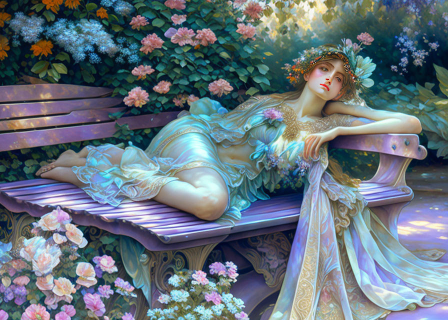 Woman in flowing dress surrounded by lush flowers on bench