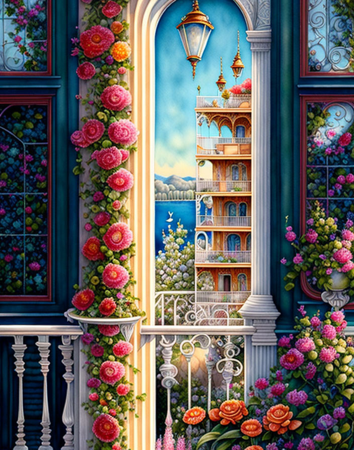 Colorful balcony view with blooming flowers, ornate lamp, sea, and tiered building.