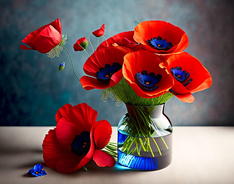 Red poppies bouquet in clear vase on blue and brown backdrop