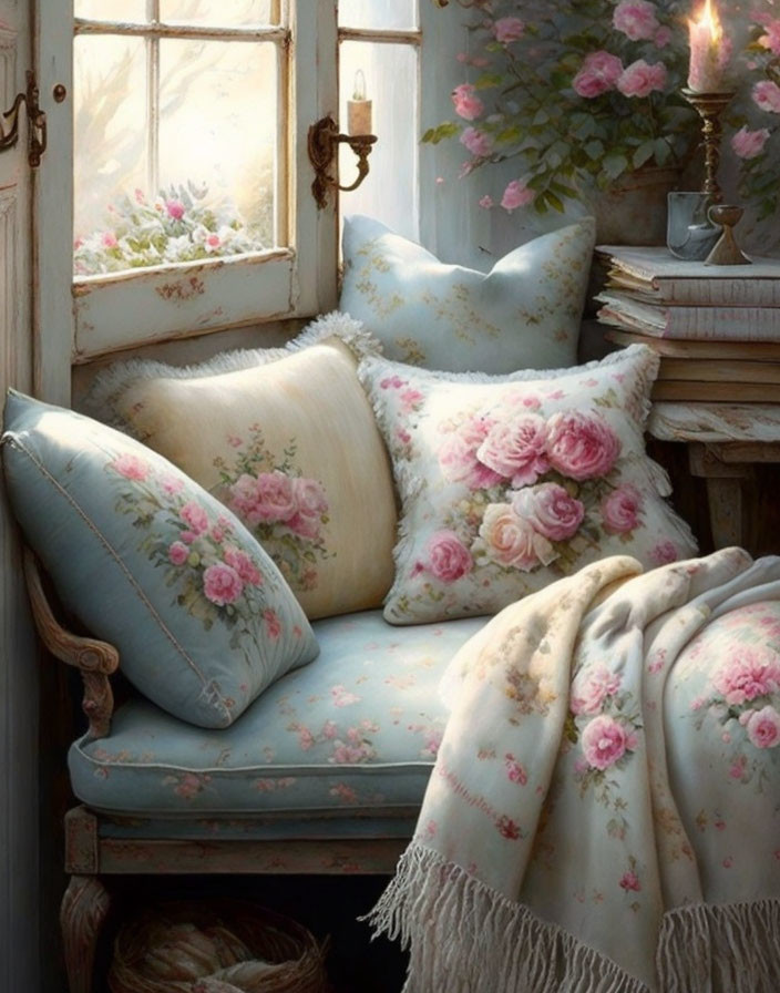 Vintage Nook with Floral Cushions, Blanket, Candlelight & Garden View