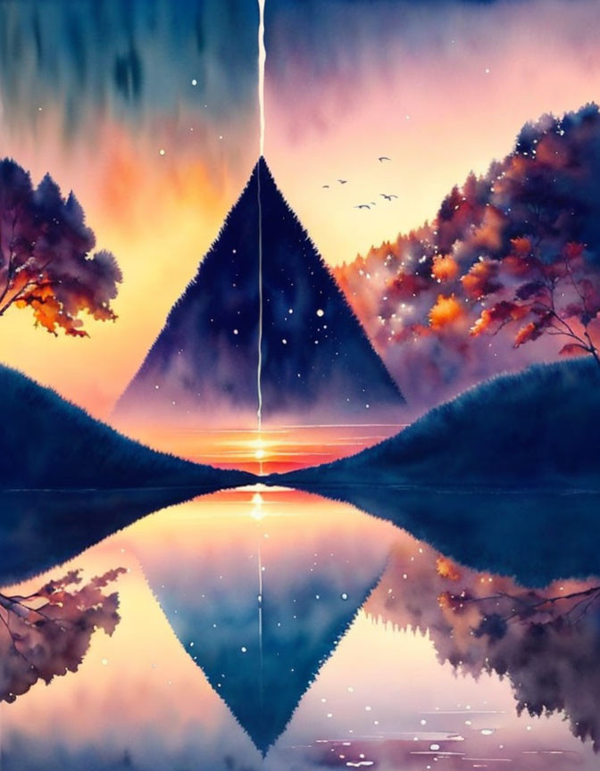 Surreal sunset with pyramid silhouette, mirror lake, starry night to dawn transition, flying birds