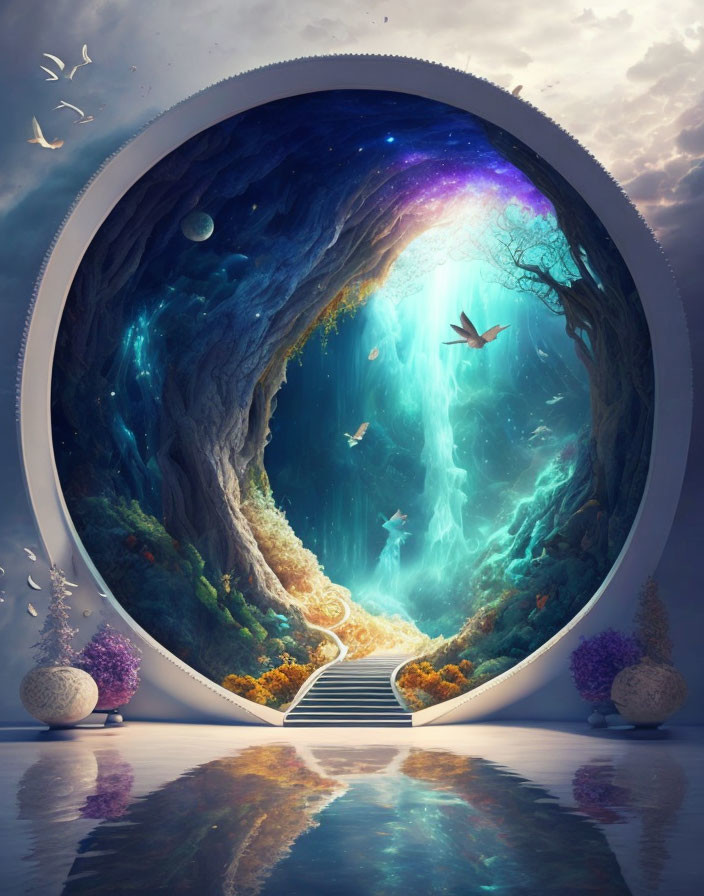 Surreal portal blending space with underwater scene