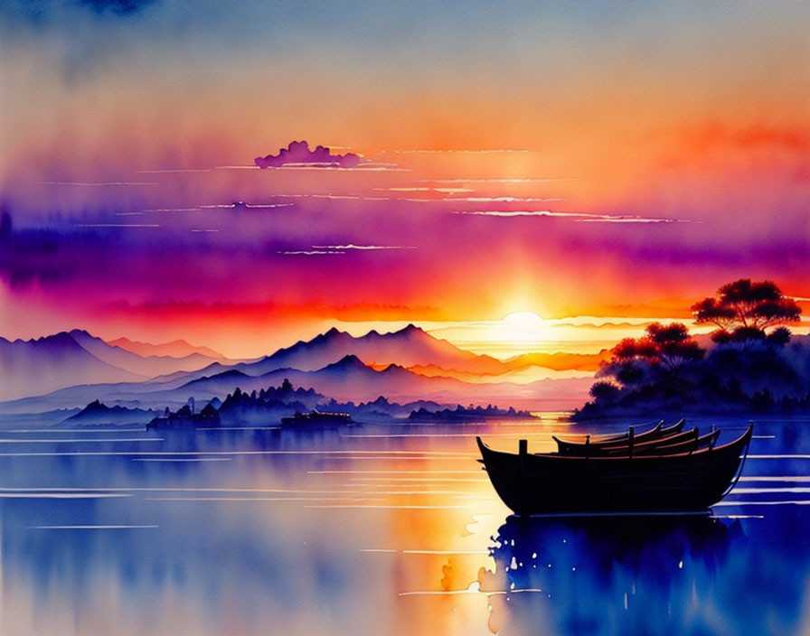 Colorful Watercolor Sunset Painting with Lake, Mountains, and Boat