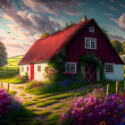 Charming cottage with red roof in garden at sunset or sunrise