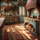 Vintage kitchen with blue antique stove & wooden furniture