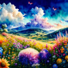 Colorful Landscape with Flower-Filled Foreground and Rolling Hills