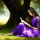 Woman in flowing purple dress reading book under tree in sunlit glade