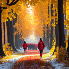 Child in red coat walking among golden autumn trees on serene path