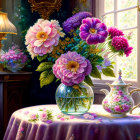 Colorful Flower Bouquet and Teapot on Table with Floral Tablecloth and Sunlit Window