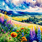 Colorful Wildflowers Against Green Hills and Pink-Tinged Sky