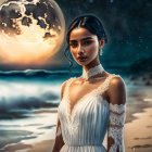 Detailed painting of a woman in vintage dress under moonlit beach