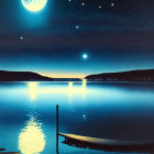 Tranquil night scene: person, dog, canoe by calm lake under starry sky with full