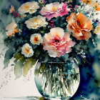 Colorful Watercolor Painting of Lush Flower Bouquet in Glass Vase