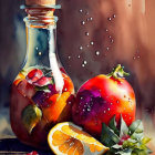 Still life watercolor painting of glass bottle, citrus slices, berries, apple, and orange on brown