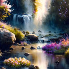 Tranquil forest waterfall scene with sunlight, flowers, and calm waters