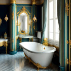 Luxurious Bathroom with Gold and Blue Decor & Freestanding Bathtub