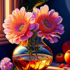 Pink flowers in round glass vase on windowsill with sunlight reflection.