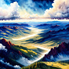 Scenic landscape painting of rolling hills, river, forests, and twilight sky