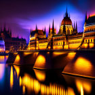 Gothic Parliament Building Night Scene with Bridge and Reflective Water