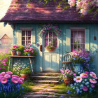 Blue Cottage with Blooming Flowers and Green Shutters in Enchanting Garden