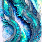 Celestial-themed artwork with ornate feathers in blue hues