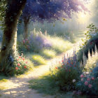 Tranquil garden path with dappled sunlight and colorful flowers