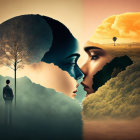 Surreal silhouette image with mirrored figures and landscapes