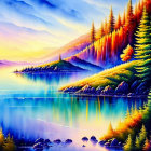 Serene Lake Painting: Autumn Trees, Sunset Sky & Lightning