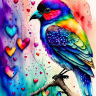 Colorful Bird on Branch with Hearts and Watercolor Background