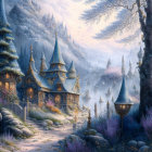 Ornate castle in frosty landscape with spired rooftops and purple trees