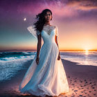 Woman in White Lace Dress on Beach at Sunset with Twilight Sky