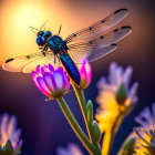 Dragonfly on Purple Flower at Sunset with Backlit Wings