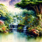 Fantastical landscape with waterfalls, greenery, flowers, and mushroom-like structure