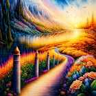 Colorful digital artwork: whimsical path to cottage under starry sky