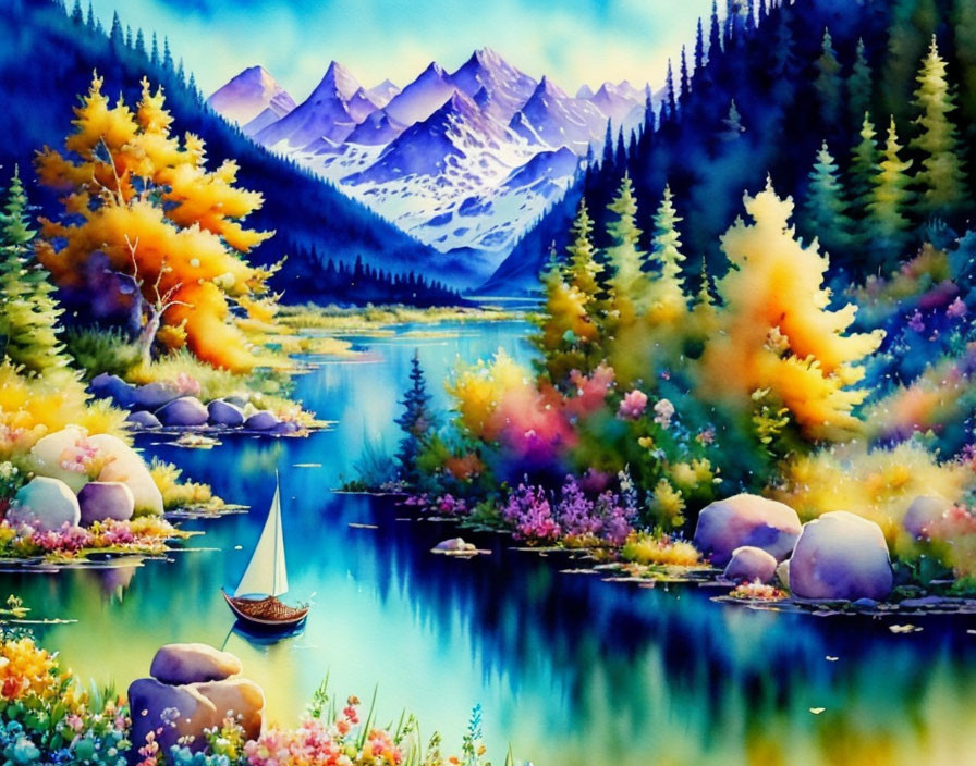 Colorful Mountain Landscape with Lake and Boat