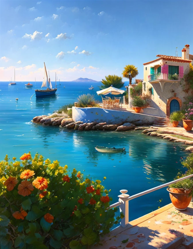 Vibrant seaside scene with blue waters, boats, and lush flora